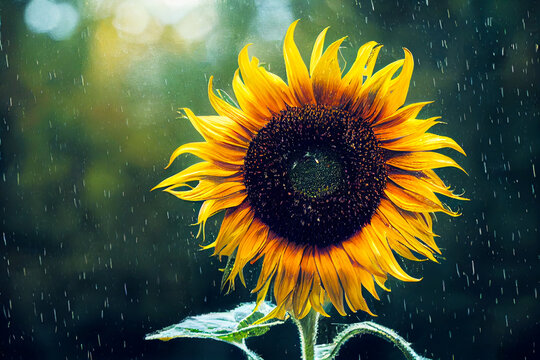 Sunflower in the rain on natural background