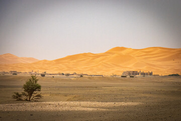 Fototapeta na wymiar sand dunes of erg chebbi during sandstorm, merzouga, morocco, north africa, sahara