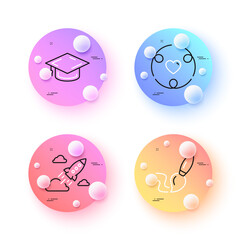 Graduation cap, Inclusion and Startup rocket minimal line icons. 3d spheres or balls buttons. Brush icons. For web, application, printing. University, Equity justice, Business innovation. Vector