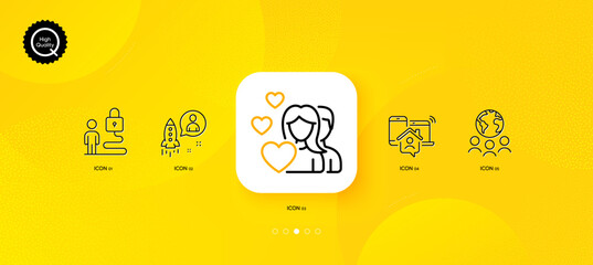 Fototapeta na wymiar Startup, Work home and Couple minimal line icons. Yellow abstract background. Lock, Global business icons. For web, application, printing. Developer, Outsource work, Valentines day. Vector