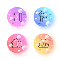 Electricity factory, Home insurance and Entrance minimal line icons. 3d spheres or balls buttons. Arena stadium icons. For web, application, printing. Electric power, House secure, Open door. Vector
