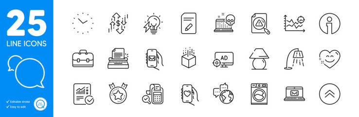 Outline icons set. Bill accounting, E-mail and Electricity bulb icons. Seo adblock, Washing machine, Portfolio web elements. Seo analysis, Mail app, Ranking star signs. Search document. Vector