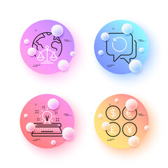Money currency, Magistrates court and Typewriter minimal line icons. 3d spheres or balls buttons. Recovery data icons. For web, application, printing. Vector