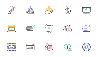 Contactless payment, Cashback and Euro currency line icons for website, printing. Collection of Coins bags, Volunteer, Stress grows icons. Card, Binary code, Web traffic web elements. Vector