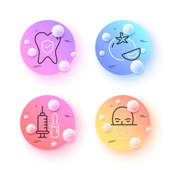 Tomato, Face recognition and Dental insurance minimal line icons. 3d spheres or balls buttons. Medical vaccination icons. For web, application, printing. Vector