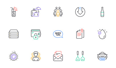 Taxi, Gear and Quickstart guide line icons for website, printing. Collection of Group, Document attachment, Servers icons. Approved mail, Wallet, Cooking cutlery web elements. Vector