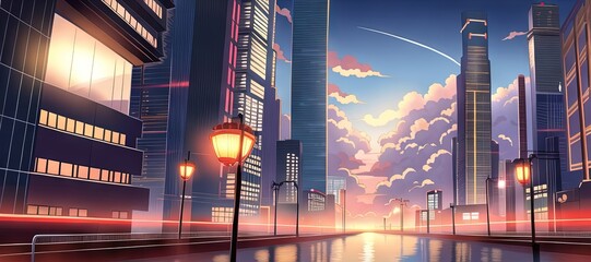 Art for anime series. City. SunSet. AI generated art illustration.