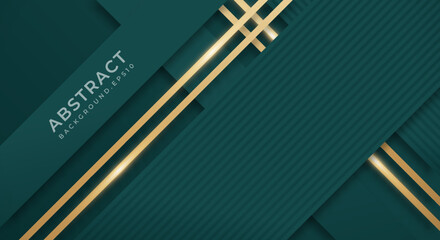 Abstract Dark Green Background with Golden Lines Luxury Strings. Geometric Backdrop with Textured Paper Layers for Business Presentation Template