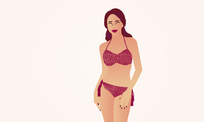 Naklejka premium Attractive young woman with a creamy background, young woman, red bikini, long dark hair, standing pose, simple background