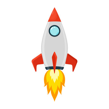 3d cartoon style minimal spaceship rocket icon. Toy rocket upswing ,spewing smoke. Startup, space, business concept