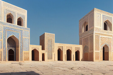 Fototapeta na wymiar 2d illustration of historical architecture of the times of Tamerlane in the style of ancient architecture of Central Asia, Islamic architecture, Tashkent, Samarkand, Bukhara, Khiva