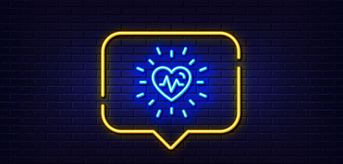Neon light speech bubble. Heartbeat line icon. Medical hear beat sign. Medicine symbol. Neon light background. Heartbeat glow line. Brick wall banner. Vector