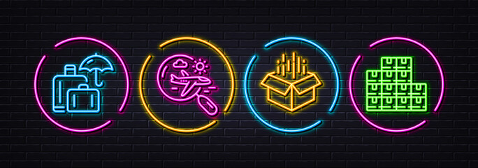 Luggage insurance, Open box and Search flight minimal line icons. Neon laser 3d lights. Wholesale inventory icons. For web, application, printing. Vector