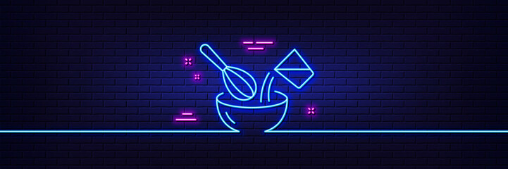 Neon light glow effect. Cooking whisk line icon. Cutlery sign. Food mix symbol. 3d line neon glow icon. Brick wall banner. Cooking whisk outline. Vector