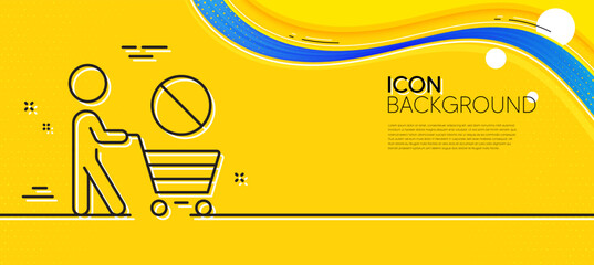 Naklejka na ściany i meble Stop shopping line icon. Abstract yellow background. No panic buying sign. Man with shopping cart symbol. Minimal stop shopping line icon. Wave banner concept. Vector