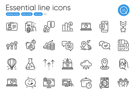 Like app, Approved and Decreasing graph line icons. Collection of Swipe up, Customer satisfaction, Washing machine icons. Seo laptop, Location, Air balloon web elements. Safe water. Vector