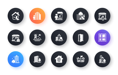 Minimal set of Fingerprint access, Buildings and Arena flat icons for web development. Entrance, Open door, Painter icons. Food market, Lighthouse, Construction building web elements. Vector