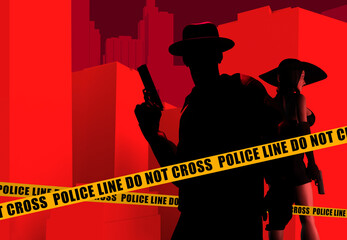 3d render noir crime illustration of armed detective silhouette in hat and jacket with sexy spy lady in dress with gun on red colored cityscape background with yellow police lines. - obrazy, fototapety, plakaty
