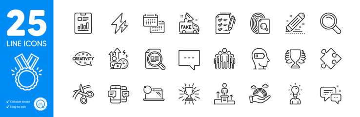 Outline icons set. Employees messenger, Honor and Winner icons. Business podium, Recovery laptop, Lgbt web elements. Calendar, Electricity, Fake news signs. Search, Trophy, Report document. Vector