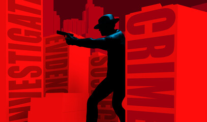3d render noir illustration of aiming and walking armed detective walking amongst red toned buildings with words.