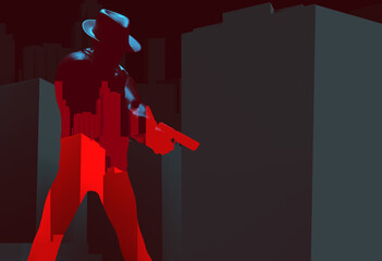 3d render noir illustration of male detective or mobster with gun silhouette standing on dark cityscape background. - obrazy, fototapety, plakaty