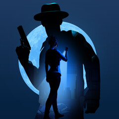3d render illustration of male detective or mobster with gun silhouette and female police investigator with flashlight in dark room with body on dark blue full moon background. - obrazy, fototapety, plakaty