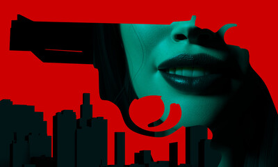 3d render noir illustration of lady face in revolver silhouette on cityscape background with red backdrop.