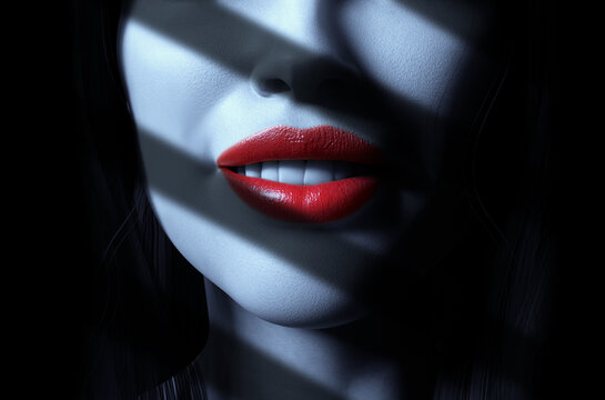 3d render noir illustration of sexy lady face with red lips and sun shades shadow on black background.