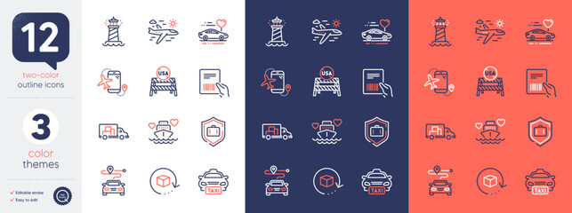 Set of Parcel invoice, Lighthouse and Truck transport line icons. Include Journey, Honeymoon travel, Return package icons. Airplane travel, Honeymoon cruise, Flights application web elements. Vector