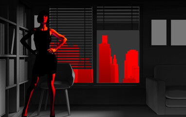 3d render noir illustration of mysterious lady in black dress standing and posing in dark room with red colored cityscape background.