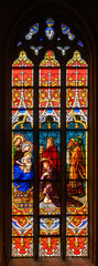 Stained-glass window depicting The Adoration of the Magi. Notre-Dame de Luxembourg (Notre-Dame Cathedral in Luxembourg). 2021/07/04