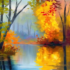 Naklejka na ściany i meble Oil painting colorful autumn season. Semi abstract image of forest, trees with yellow red leaf and lake with oil paint. Fall season nature background. Hand Painted Impressionist, outdoor landscape