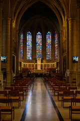 The central altar and stained-glass windows above it in the Notre-Dame de Luxembourg (the Notre-Dame Cathedral in Luxembourg).