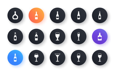 Bottles icons. Beer drinks, Wine glass and Whiskey bottle. Champagne classic icon set. Circle web buttons. Vector
