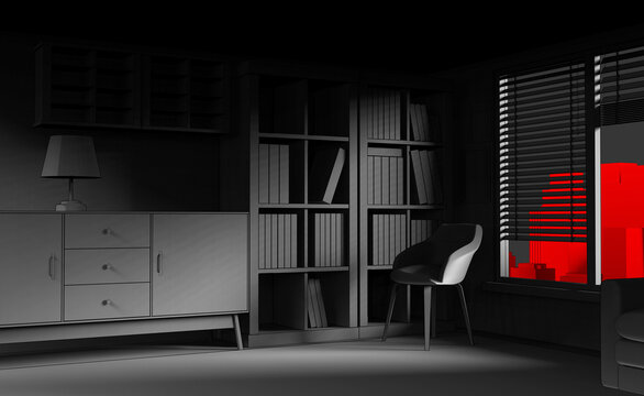 3d render illustration of gray colored toon style dark room with red cityscape background.