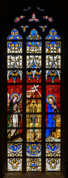 Stained-glass window depicting The Annunciation (by the angel Gabriel to the Virgin Mary). Notre-Dame de Luxembourg (Notre-Dame Cathedral in Luxembourg). 2021/07/04