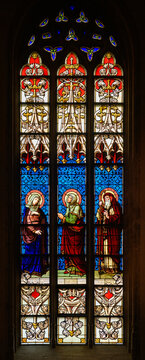 Stained-glass window depicting The Visitation (of the Virgin Mary to Saint Elizabeth). Notre-Dame de Luxembourg (Notre-Dame Cathedral in Luxembourg). 2021/07/04