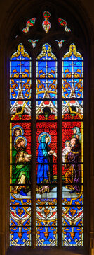 Stained-glass window depicting The Presentation of the Lord at the Temple. Notre-Dame de Luxembourg (Notre-Dame Cathedral in Luxembourg). 2021/07/04