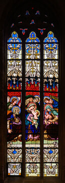 Stained-glass window depicting The Holy Kinship. Notre-Dame de Luxembourg (Notre-Dame Cathedral in Luxembourg). 2021/07/04