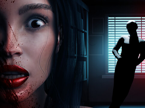 3d render horror thriller illustration of scared victim lady face covered in blood with mysterious stalker killer in dark room background.
