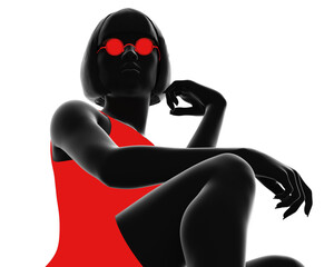 Png 3d render noir illustration of lady in red dress and round glasses on white colored background.