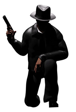 Png 3d render illustration of male detective or mobster with gun silhouette kneeling on white background.