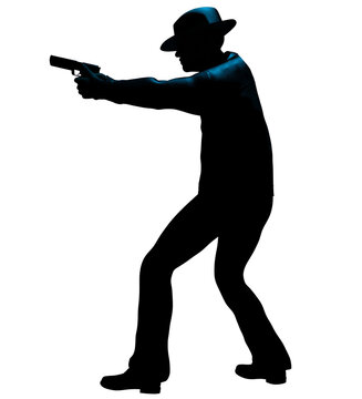Png 3d render illustration of male detective or mobster with gun silhouette walking aiming side view on white background.