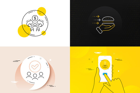 Minimal set of Food delivery, Hiring employees and Approved group line icons. Phone screen, Quote banners. Sharing economy icons. For web development. Vector
