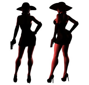 Png 3d render illustration of sexy spy lady in black dress and hat holding gun and posing on white background.