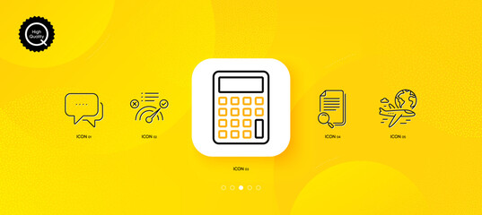 Search file, Message and International flight minimal line icons. Yellow abstract background. Correct answer, Calculator icons. For web, application, printing. Vector