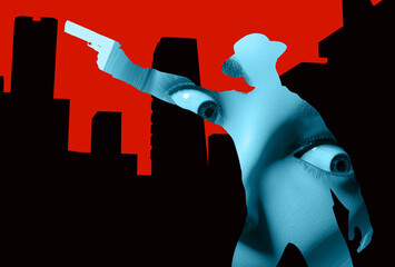 3d render noir illustration of comic style detective in hat and jacket shooting pose on red and black cityscape with scared woman eyes background.