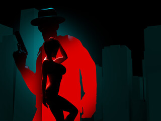 3d render noir illustration of male detective or mobster with gun silhouette standing on dark blue cityscape background with sexy woman posing on red backdrop.