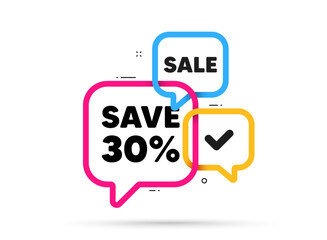 Save 30 percent off tag. Ribbon bubble chat banner. Discount offer coupon. Sale Discount offer price sign. Special offer symbol. Discount adhesive tag. Promo banner. Vector