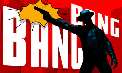 3d render illustration of comic style detective in hat and jacket shooting pose on red background.
